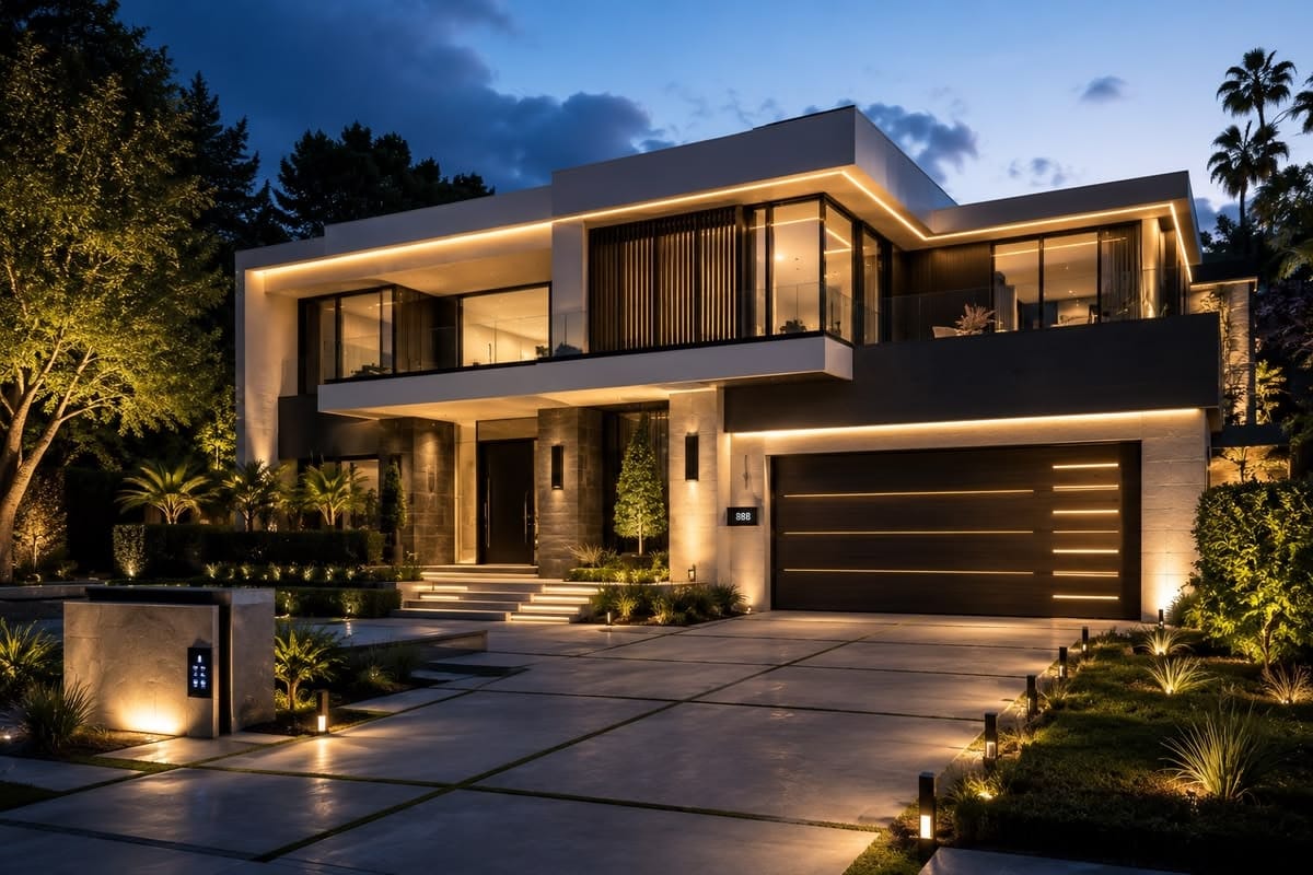 Vivienda contemporánea con garaje y jardín, en hora azul.